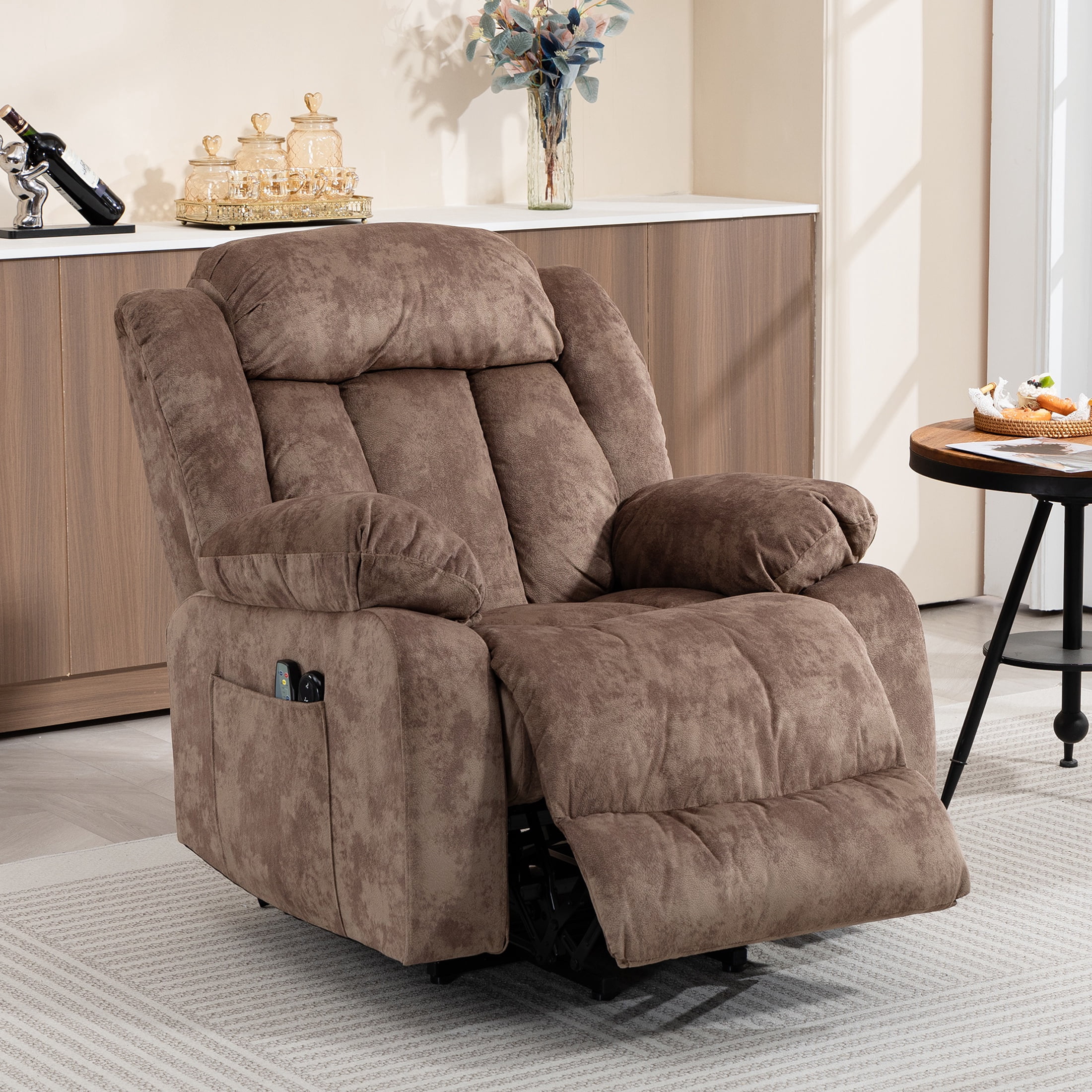 Power Lift Recliner Chair with Heat and Vibration Massage, UHOMEPRO Modern Fabric Elderly Electric Reclining Sofa with Remote Control and Side Pockets for Living Room Home Theater, Light Brown