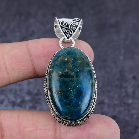 Natural Neon Blue Apatite Gemstone 925 Sterling Silver Gift Pendant 2.05"