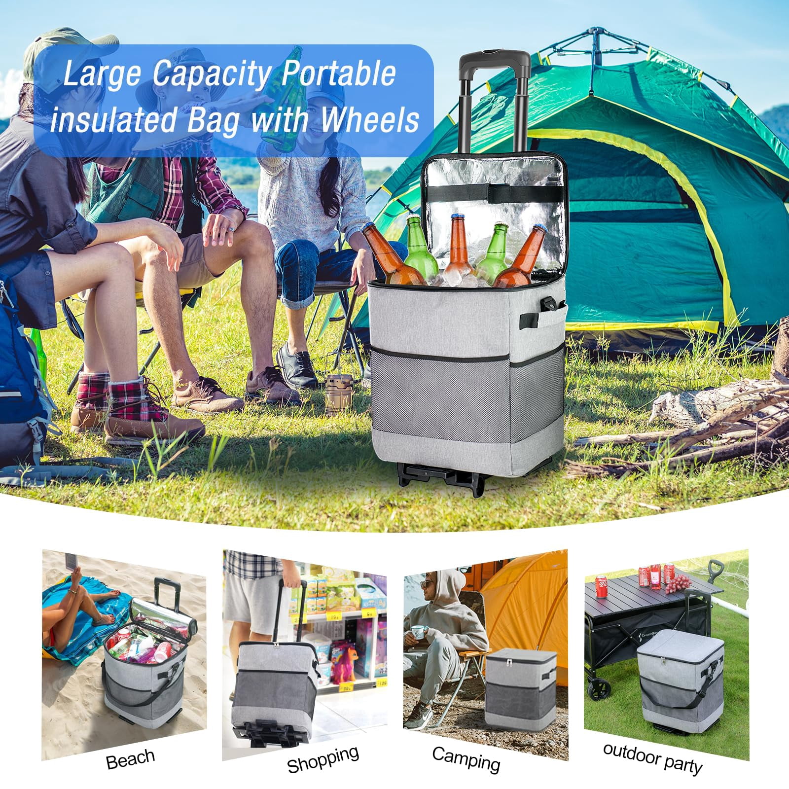 Collapsible Large Rolling Cooler 60-Can/40L,3-in-1 Insulated Soft Cooler Bag,Adjustable Wheels&Handle, Rolling Cooler Cart for Beach Camping Travel Outdoor Hot Takeout Orders
