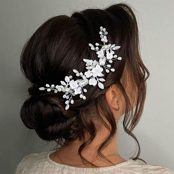 Bride Wedding Hair Vine Silver Flower Leaf Headpiece Pearl Bridal Hair Piece Crystal Hair Accessories for Women and Girls