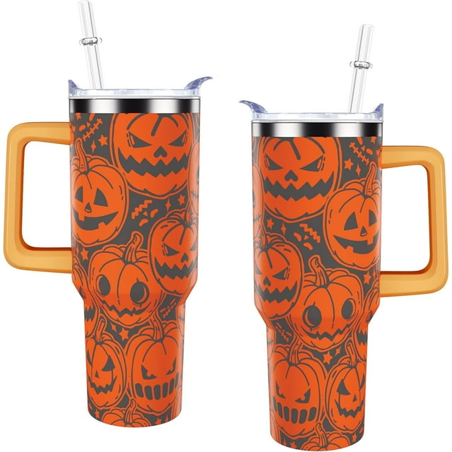Gobelet d'Halloween de 40 Oz avec Poignée, Couvercle, Paille, Double Isolation, Citrouille Orange