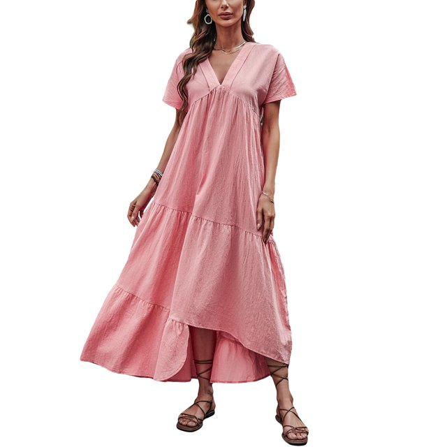 SAYOO , vestido suelto de manga corta para mujer, Color sólido, cuello en V, dobladillo Irregular, elegante vestido de fiesta de playa de verano, ropa de calle de vacaciones SAYOO Casual