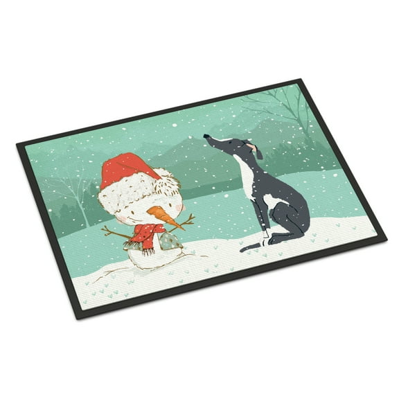 Black Greyhound Snowman Christmas Door Mat