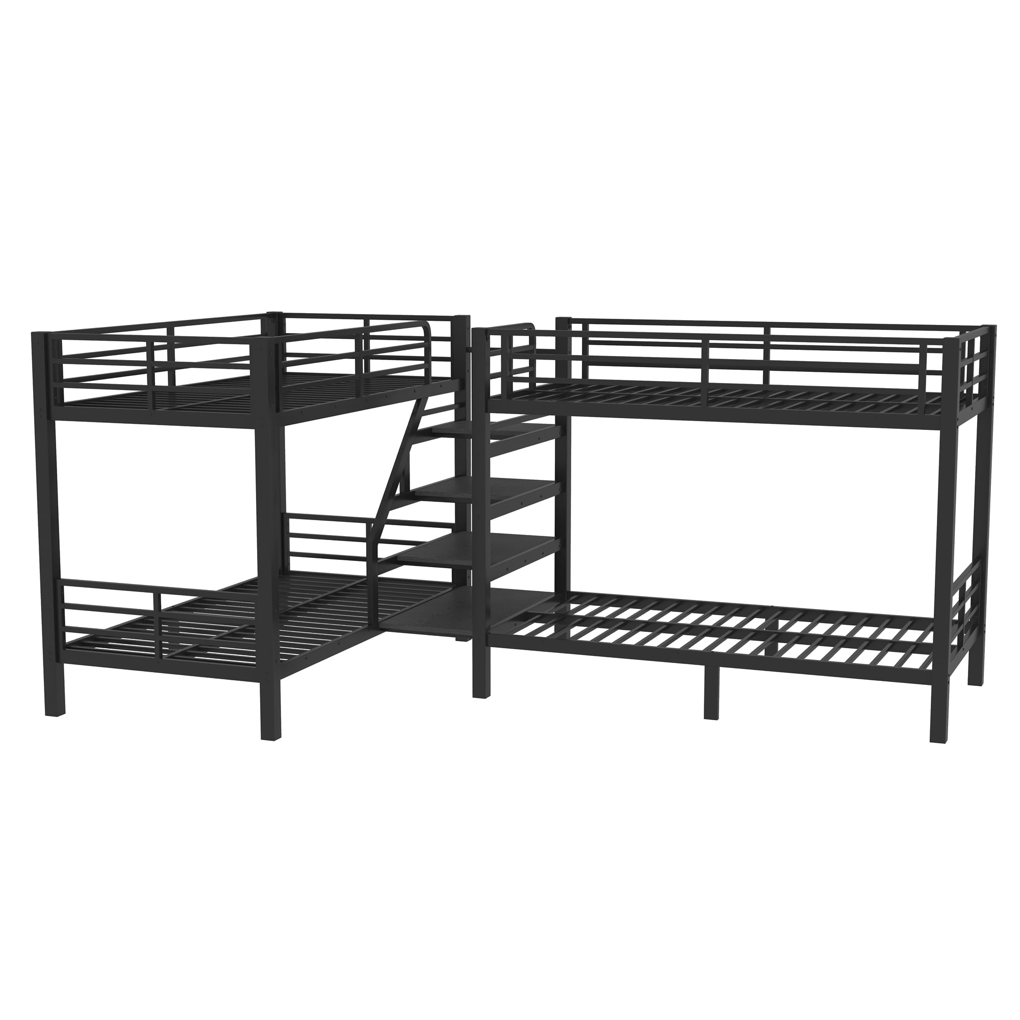 Mintazer L-Shaped Twin Metal Bunk Bed with Storage Staircase, Modern Bunk Bed with Guardrail for Bedroom Guest Room, Black