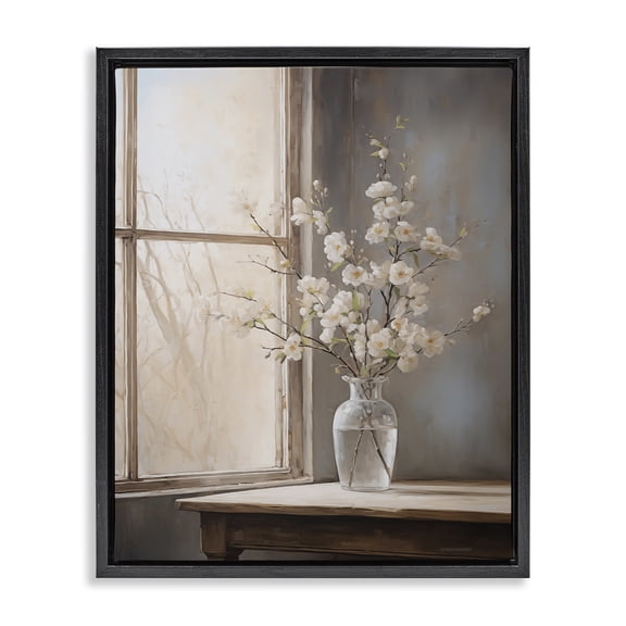 Stupell Industries Spring Arrangement Windowsill Plants & Flowers Painting Black Floater Framed Canvas Art Print Wall Art, 17 x 21