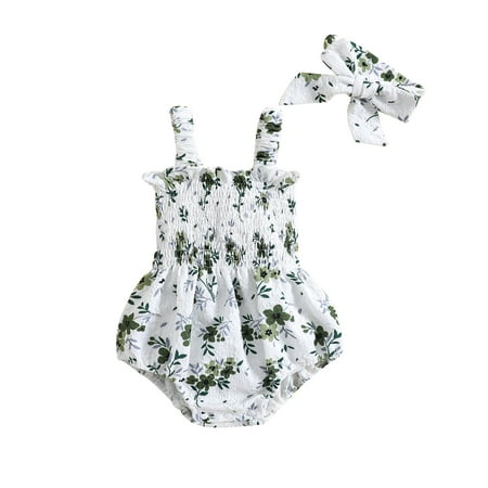 

Baby Girls Romper Set Sleeveless Pleated Flower Print Romper with Hairband Summer Outfit（0-24Months）