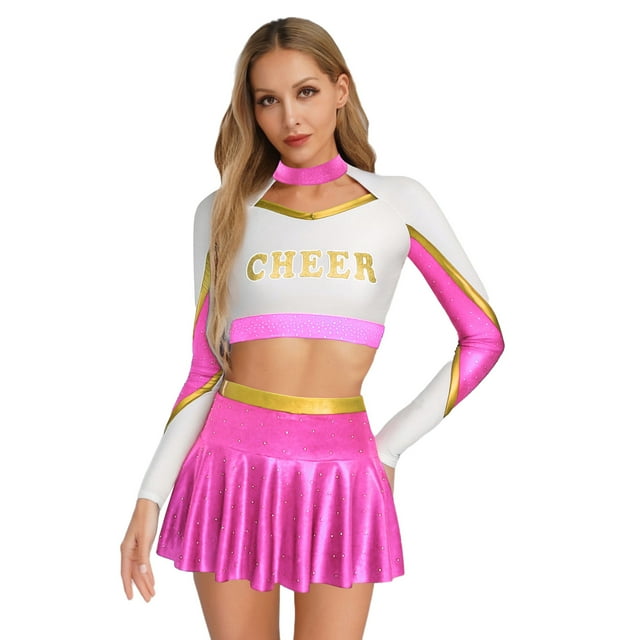 Eandarui Tenue de Cheerleader pour Femmes Uniforme de Fête de Cheerleaders de Lycée avec Mini Jupes Rose Vif m