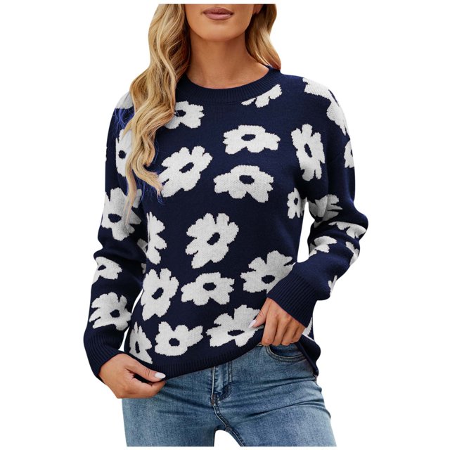 Pull à Manches Longues pour Femmes, Col Rond, Imprimé, Décontracté, Coupe Ample, Automne Hiver