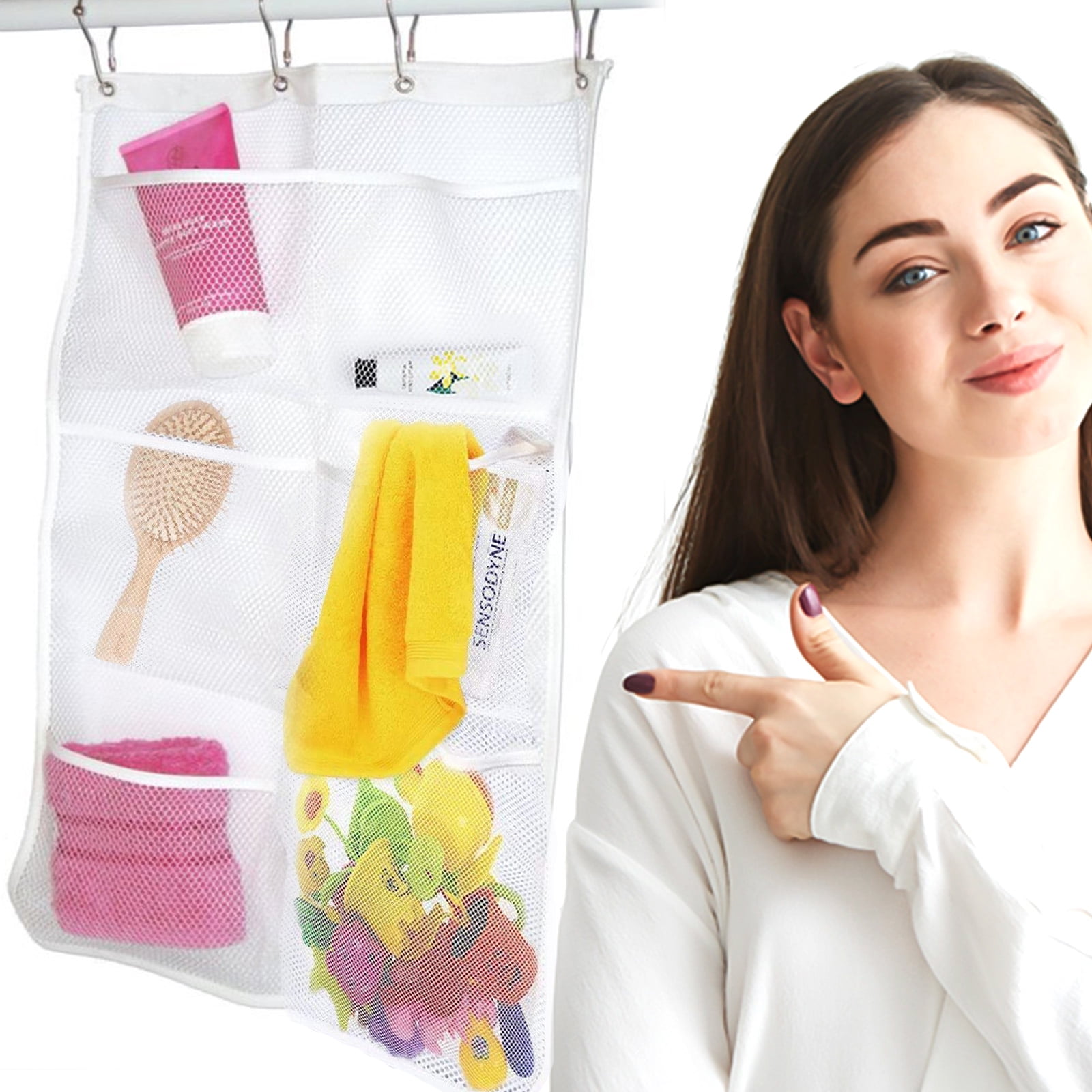 Portable 6 Pockets Bathroom Shower Hook Hanging Mesh Organizer Caddy Storage Bag 