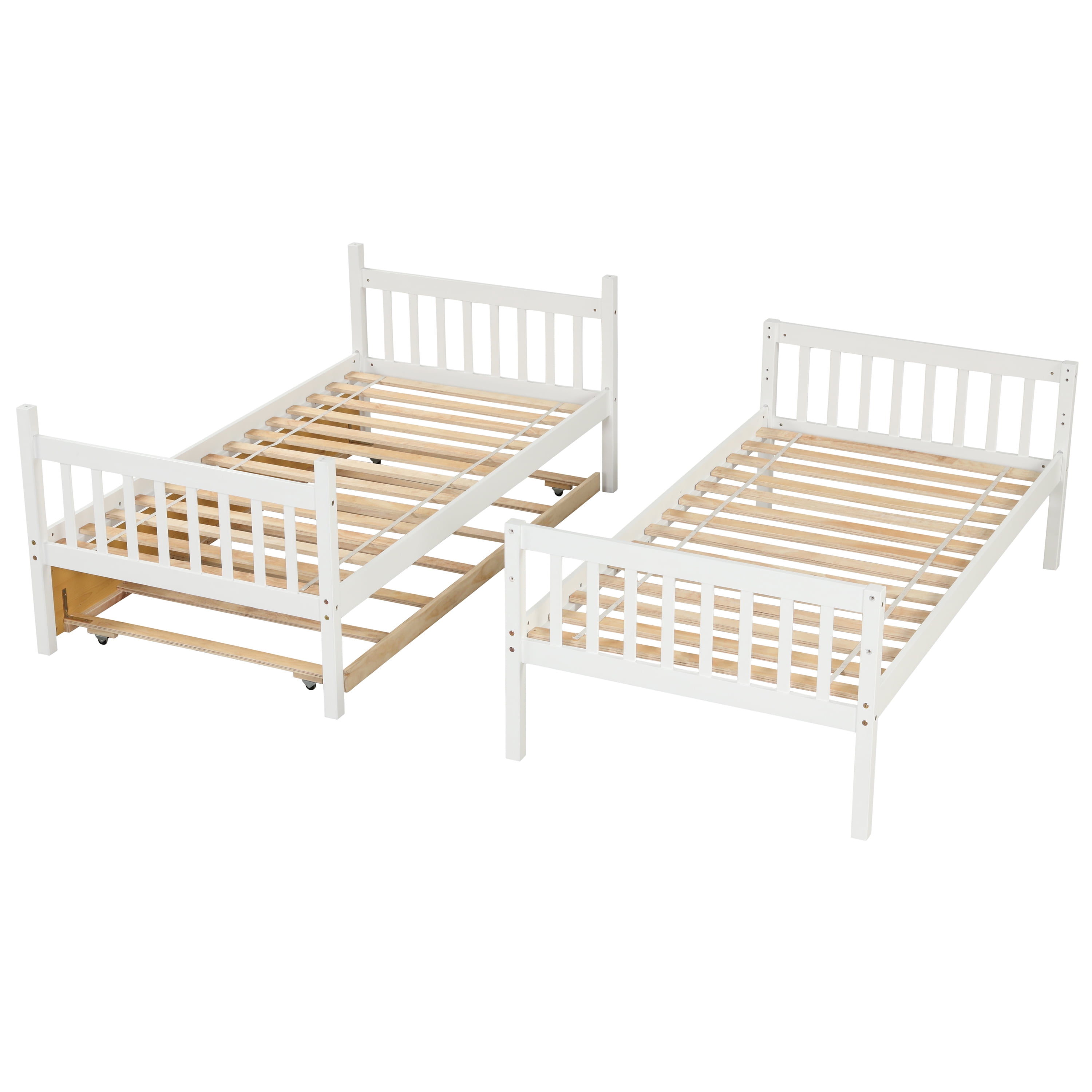 Resenkos Twin Over Twin Bunk Beds with Trundle, Solid Wood Trundle Bed Frame with Safety Rail and Ladder,White