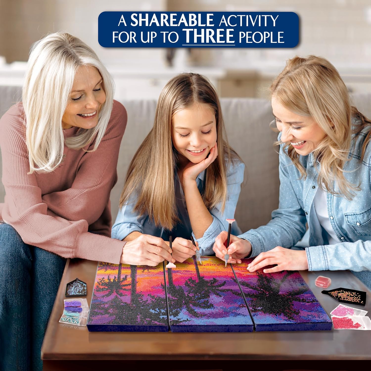 ArtSkills Diamond Painting Kit, Diamond Art Ready to Hang Framed Canvas with Storage and Accessory Kit, Highland Cow, 3 Stretched Canvas Panels, 14” x 7” Each