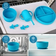 AYAOQIANG Soft Silicone Baby Feeding Set, Baby Led Weaning Set Infant Self Eating Utensil Set 7pcs Gray Blue