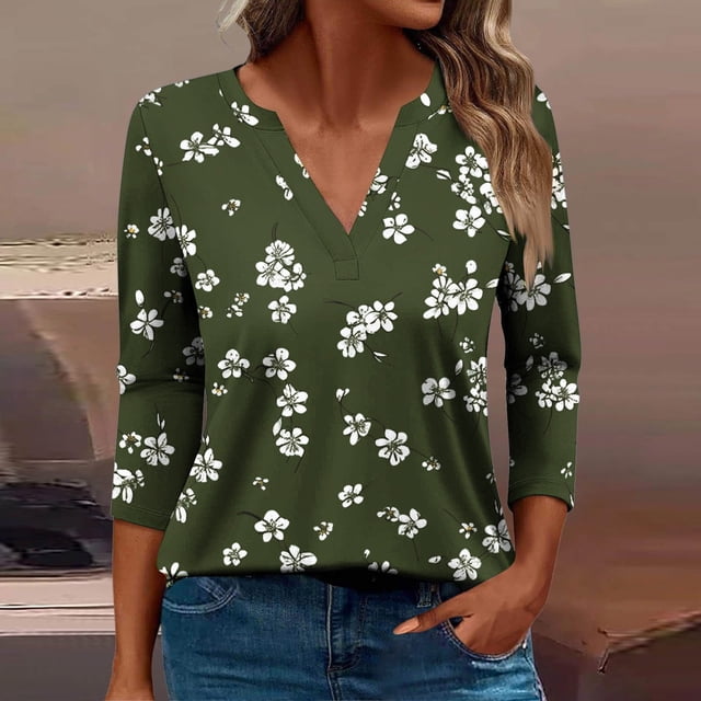 Awdenio - Camisetas de manga larga para mujer, blusas holgadas con estampado juvenil, blusas informales con cuello en V y mangas 3/4
