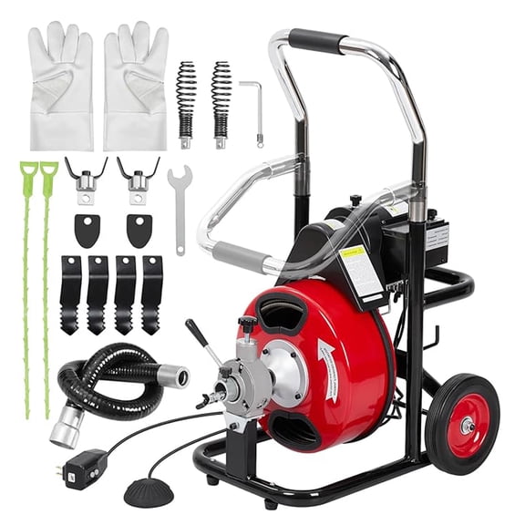 M optimized Drain Cleaner Machine for 1 to 4 Inch Pipes 1700RPM 250W Automatic Sewer Snake Electric Drain Auger Cleaner with 4 Cutters & Foot Switch & Protective Gloves Black Red