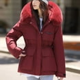 thumbnail image 2 of Brnmxoke Puffy Winter Coats for Women Thicken Zip Up Waterproof Parka Jackets Faux Fur Trim Hooded Long Sleeve Outwear Coat with Pockets Red,L, 2 of 5