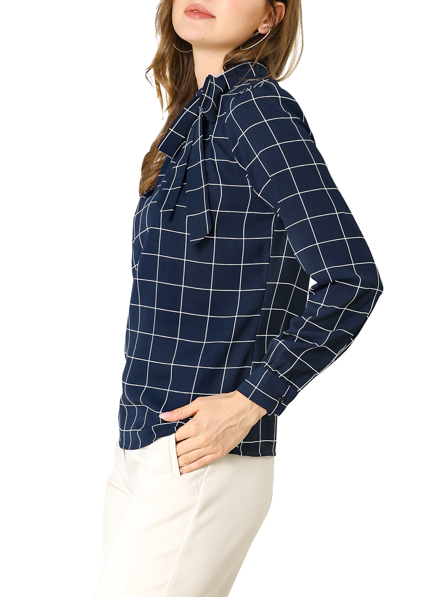 DARING DIVA Bow-Tie Neck Office Work Checks Shirt Top S Navy Blue