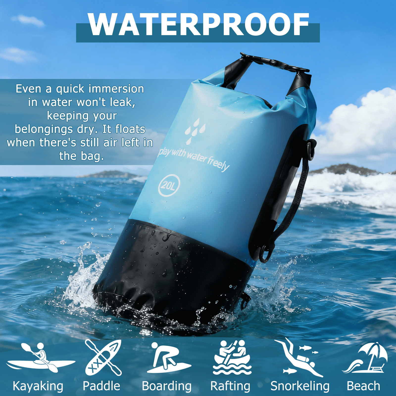 GPED Dry Bags Waterproof, 20L Roll Top Dry Bag for Kayak, Double Straps Dry Storage Bag Backpack Sack with Waterproof Fanny Pack for Swimming Boating Kayaking Board Beach Accessories
