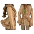 thumbnail image 2 of Women'S Faux Leather Jacket with Faux Fur Collar, Winter Long Sleeve Furry Trim Peplum Parka Coat with Belt Brown S, 2 of 8