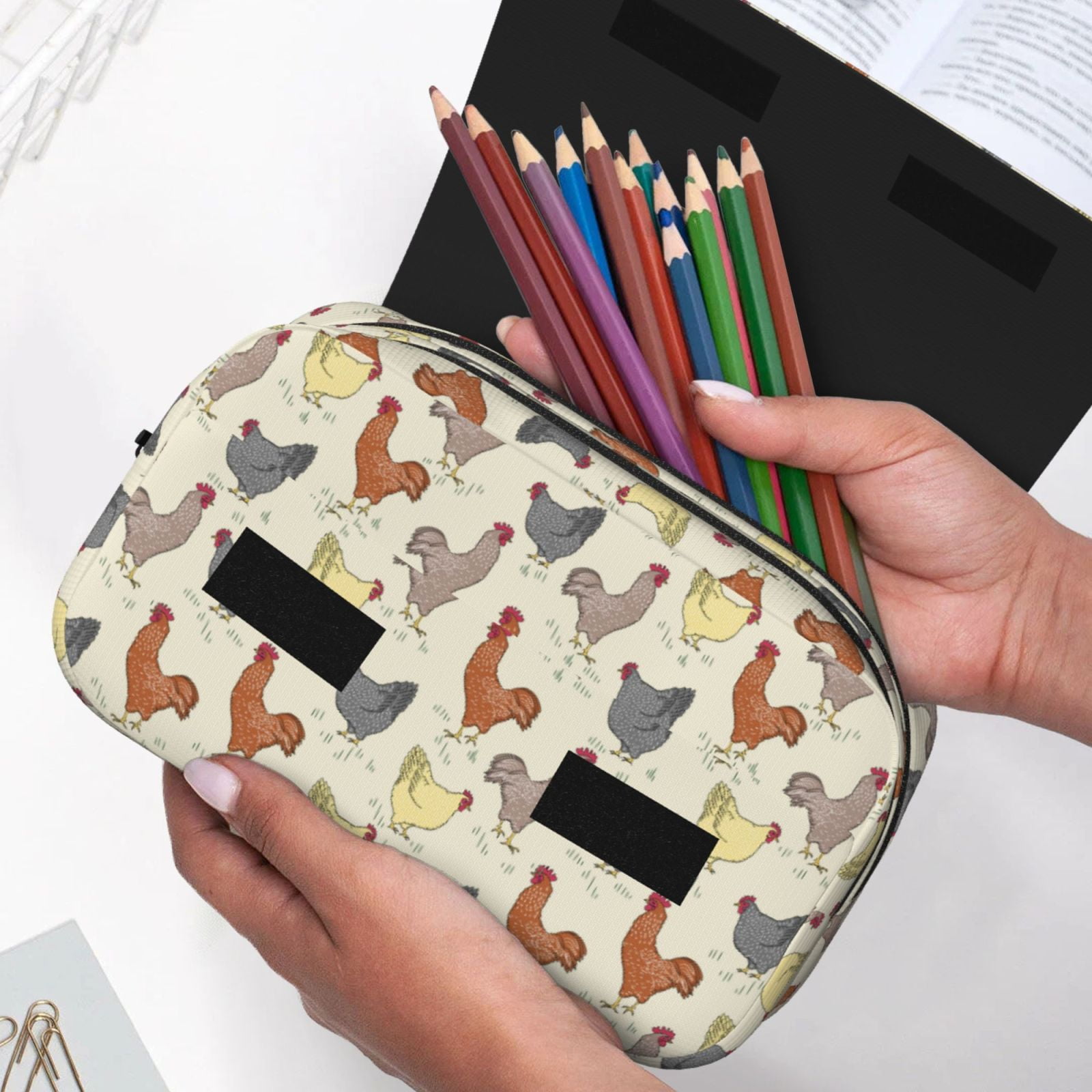 Rateoe Funny Chicken Pattern Double Clamshell Pen Case, Storage Organizer with Two Zipper Compartments– Holds Up to 50 Pencils & Pens