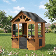 Dateyes S5-A Wooden Kids Playhouse 4x4FT Brown Gable Roof, Indoor Outdoor Play Cottage with Complete Kitchen Toys