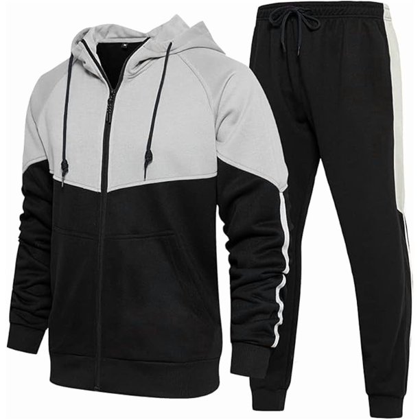 Chándal deportivo con capucha para hombre, conjunto deportivo de manga larga con cremallera completa, conjunto deportivo de 2 piezas con parches