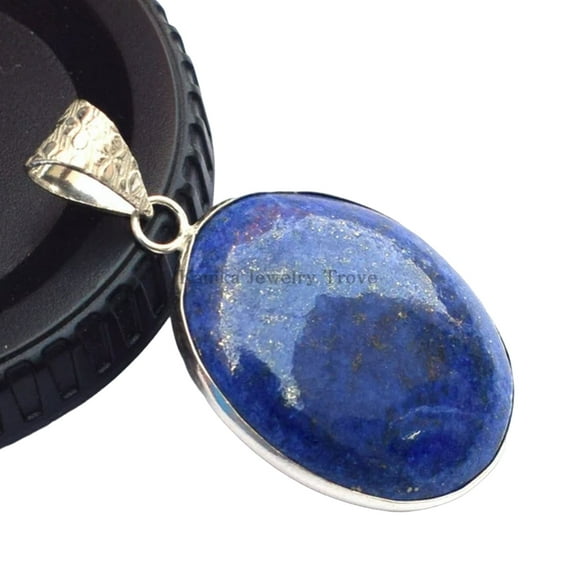 Pure 925 Sterling Silver Pendant For Men Women, Genuine Blue Lapis Lazuli Cabochon Oval Gemstone Unique Handcrafted Jewelry For Her Him