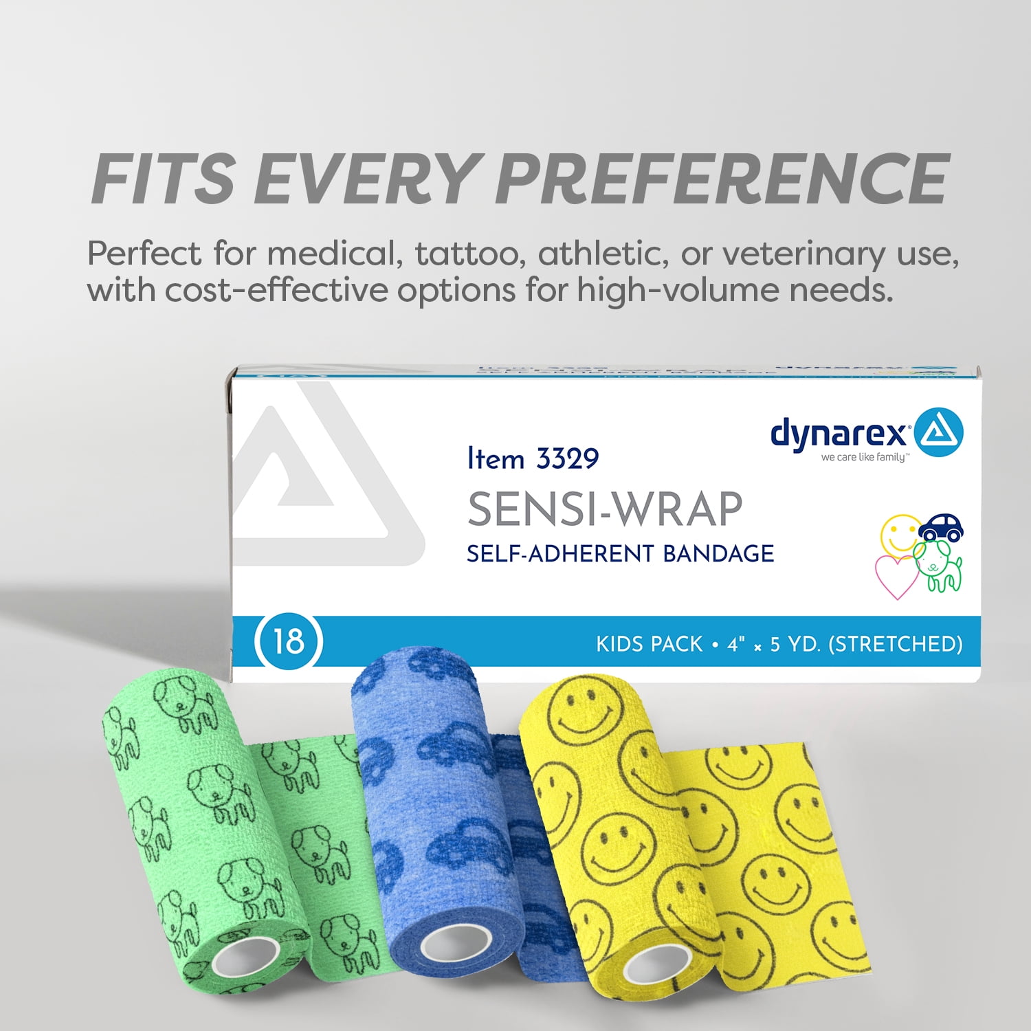 Dynarex Sensi-Wrap Self-Adhesive Bandages, 18-Pack, 4" x 5 yards, Assorted Colors - for Kids, Latex-Free, Colored Elastic Cohesive Athletic Tape, Tattoo Grip & Vet Wrap