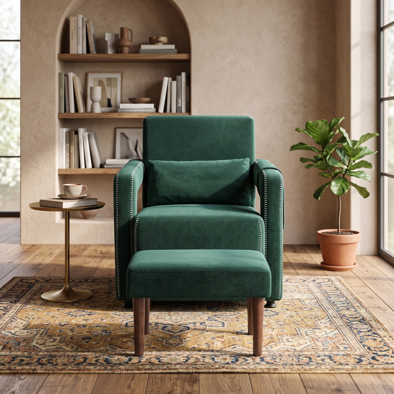 Furnibear Modern Berber Fleece Accent Chair with Ottoman and Waist Pillow, Upholstered Single Sofa Chair with Side Storage Bag for Living Room Bedroom, Green