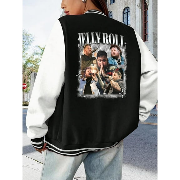 Women's Large Size Baseball Jacket Hip Hop Fanart Jelly Roll Hoodie American Rapper Country Music Artist