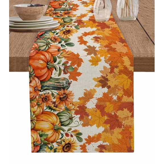 ERUNPONLY Thanksgiving Table Runner - 72 Inch Long Fallen Maple Leaves Orange Green Pumpkin Cotton and Linen Blended Dress Scarves Farmhouse Table Runner for Kitchen Dining, Coffee Table, 14"x72"