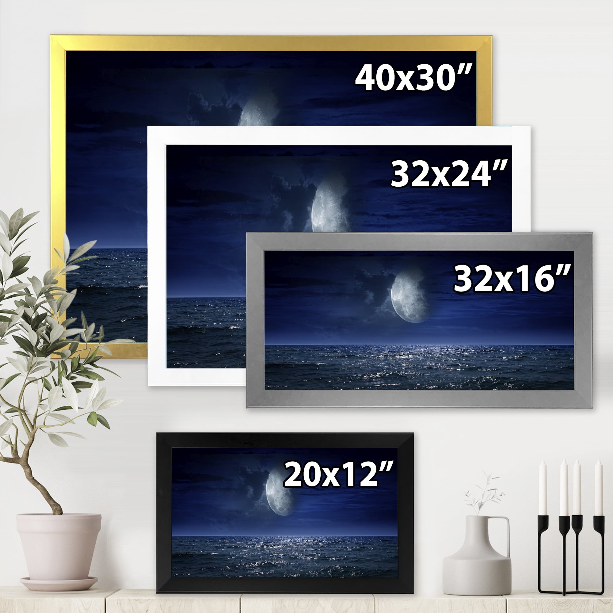 Designart 'Full Moon Night Over Dark Ocean' Nautical & Coastal Framed Art Print