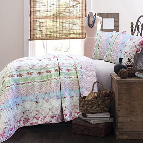 BEAUTIFUL XXXL COTTAGE IVORY GREEN PINK BLUE RED ROSE PATCHWORK BEDSPREAD SET 