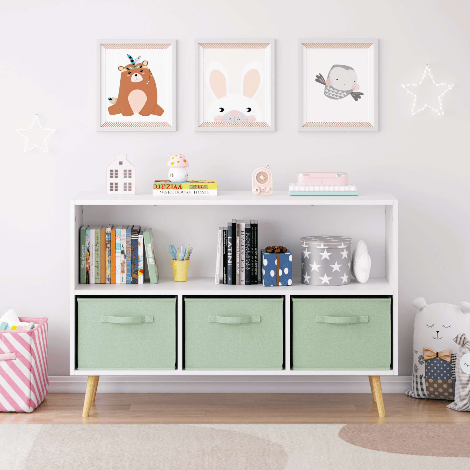 Kids Bookcase with Collapsible Fabric Drawers, Children’s Book Display & Toy Storage Organizer, MDF Cabinet with Pine Legs, White/Green