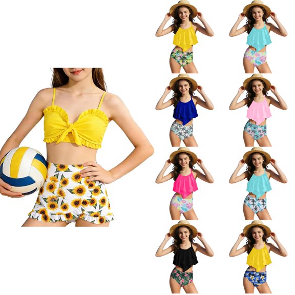 Agkizg Girls Three Piece Swimsuit Set with Chest Pad Skirt Style Swimwear for Kids Youth Teens Beach Pool Swimming