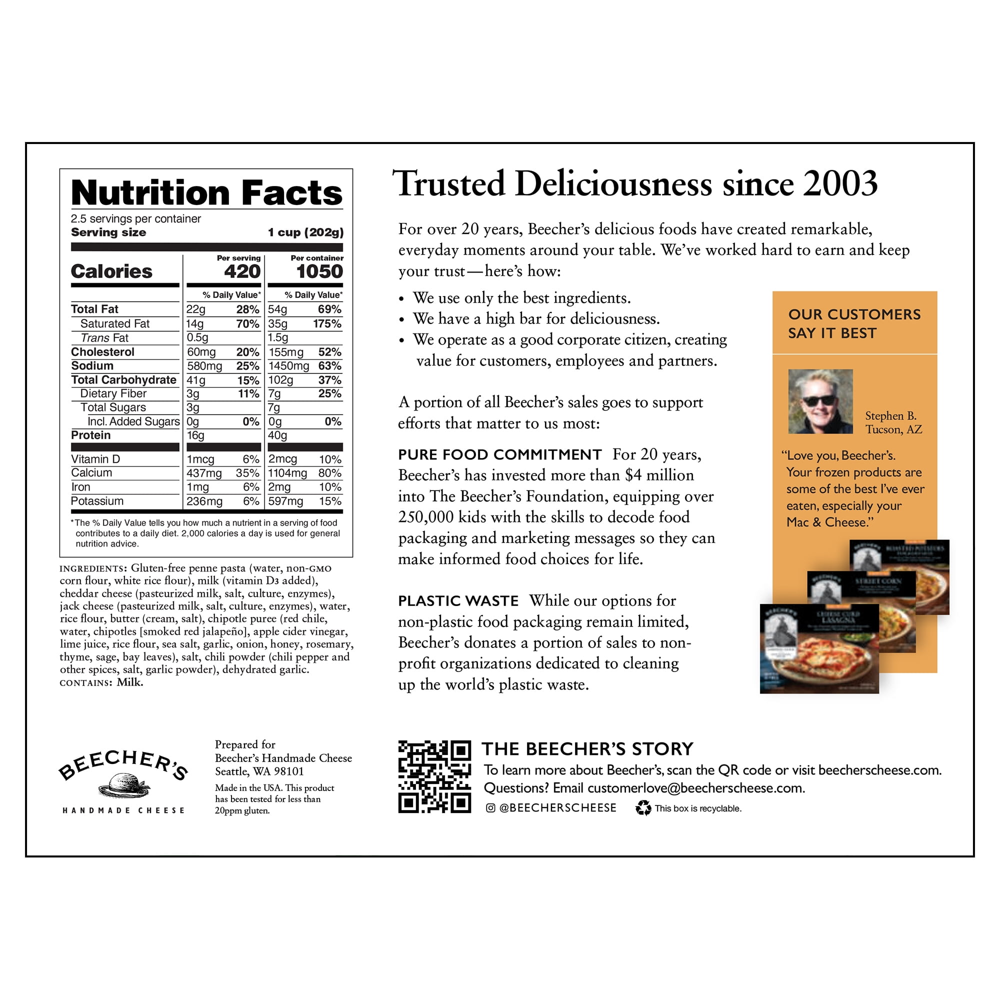 Beecher's Gluten Free "World's Best" Mac & Cheese, 18 oz. (Frozen, Microwave/Oven Safe Tray)