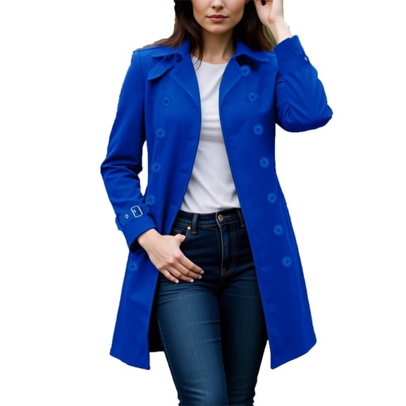 Women's Cobalt Blue Double Breasted Jacket Notch Collar Long Sleeve with Cuff Belts Classic Mid-Length Trench Coat Outerwear for Daily Wear Dark Blue