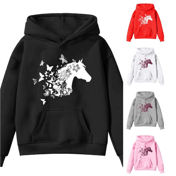JAJAHO Girls Graphic Hoodie Horse Print Long Sleeve Hooded Sweatshirts Loose Fit Fall Pullover With Pocket For Kids 4-14Y