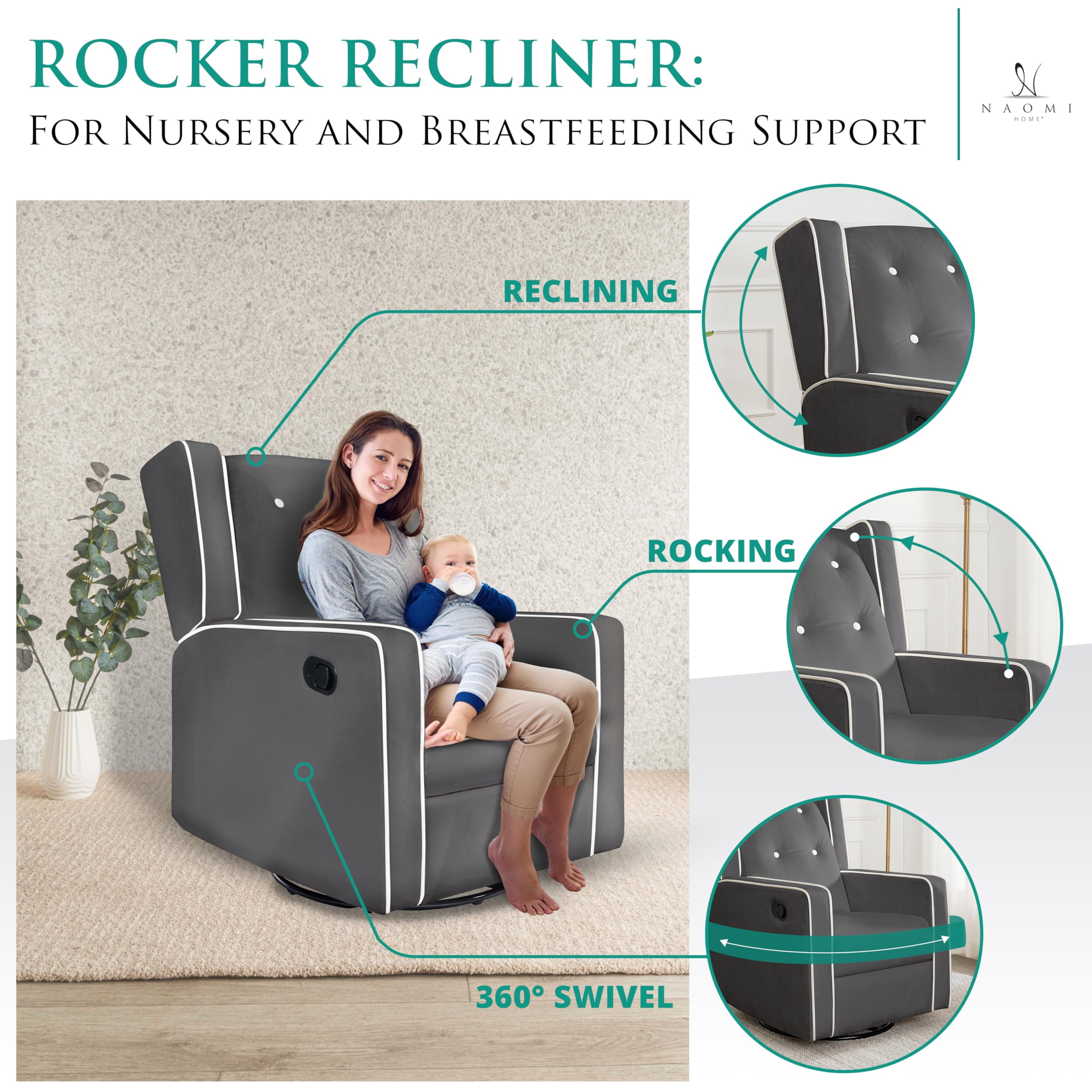 Relax and Bond with Your Baby in Style – Odelia 360° Swivel Glider Rocker Recliner for Nursery and Maternity | Plush Cushions, Gentle Rocking Motion, Soft Microfiber Upholstery - Gray
