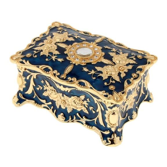 Trinket Jewelry Box Gift for Women Vintage Metal Case Organizer Storage 18 x 12 Dark Blue