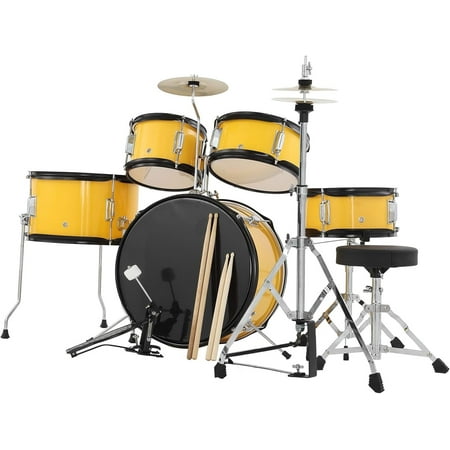 Senfot 5-Piece Drum Set with Bass, Tom, Snare, Hi-Hat, Cymbal, Pedal, Drumsticks & Stool, 16in, Yellow