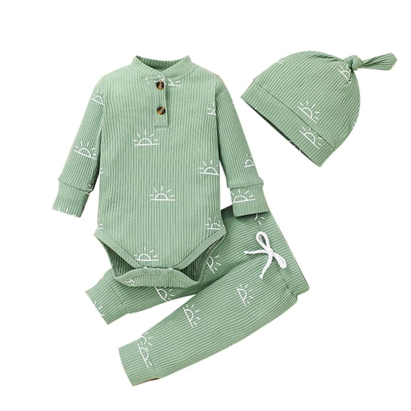 Mercatoo Baby Spring Fashion Outfits Baby Boy Girl Cotton Outdfit Sets Ribbed Long Sleeve Sun Print Button Kids Baby Girl Outfit