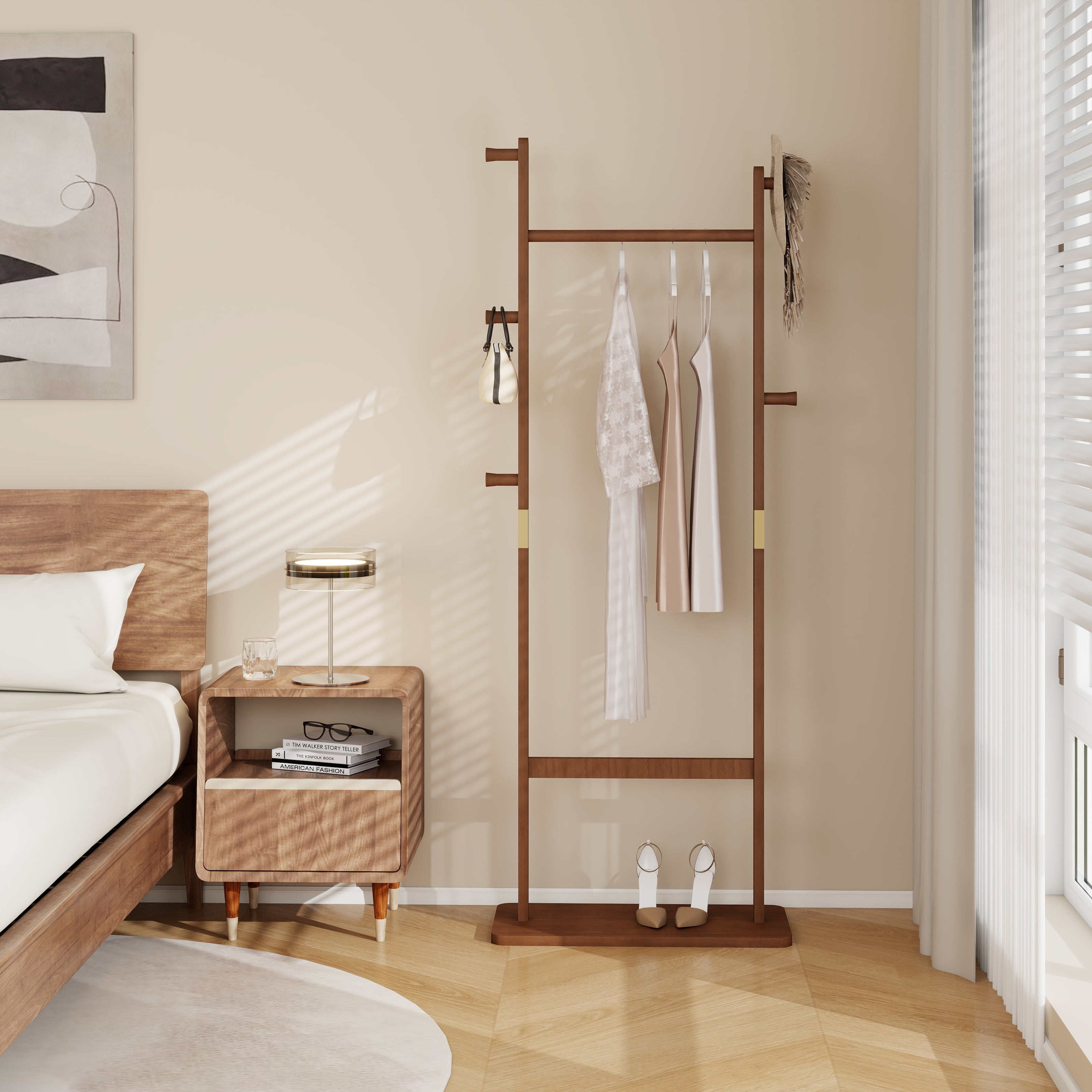 Garitin Coat Rack and Hall Tree 71 Inch, Solid Wood Freestanding Stand with Hooks and Hat Shelf for Entryway Living Room Bedroom, Walnut Rubber Wood