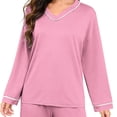 thumbnail image 4 of zfwon Pyjamas Sets for Women Solid/Print Pjs Sets Women's V-Neck Long Sleeve Tops & Wide Leg Trousers Casual Comfort Sleepwear Loungewear 2 Piece Matching Nightwear Set, 4 of 7