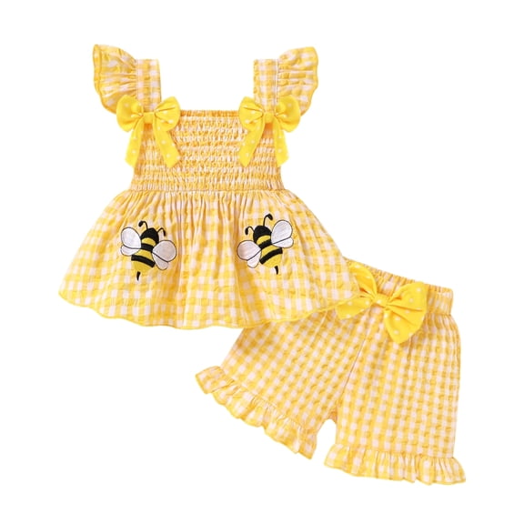 Happy Town Toddler Girl Clothes Infant Girl Sleeveless Ruffle Set Cute Bowknot Dress Top Shorts Outfits For Kids