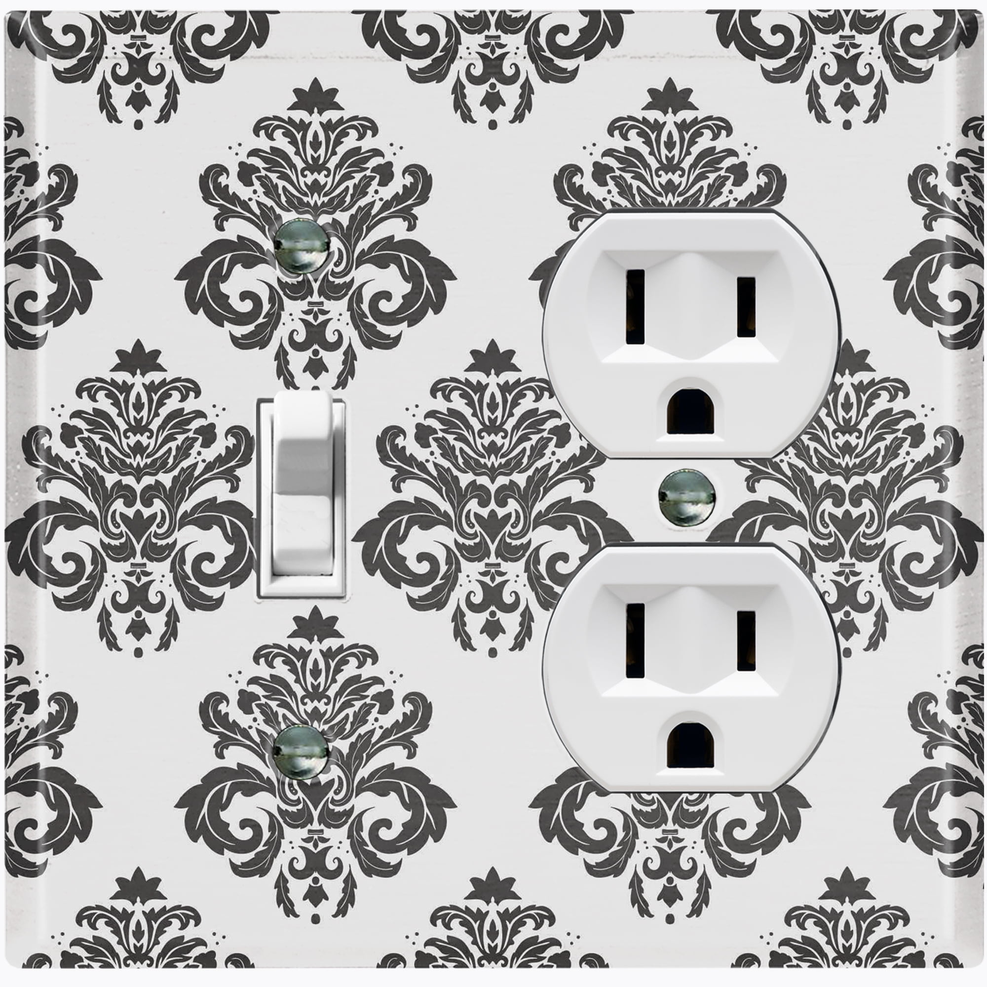 Metal Light Switch Plate Outlet Cover (Damask Gray Single Toggle