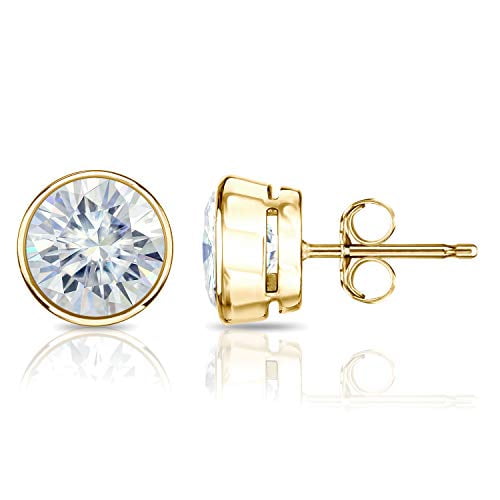 18k Yellow Gold Round Moissanite Stud Earrings (2 1/2ct TGW, 7mm, J-K) Bezel-set, Push-Back by Diamond Wish