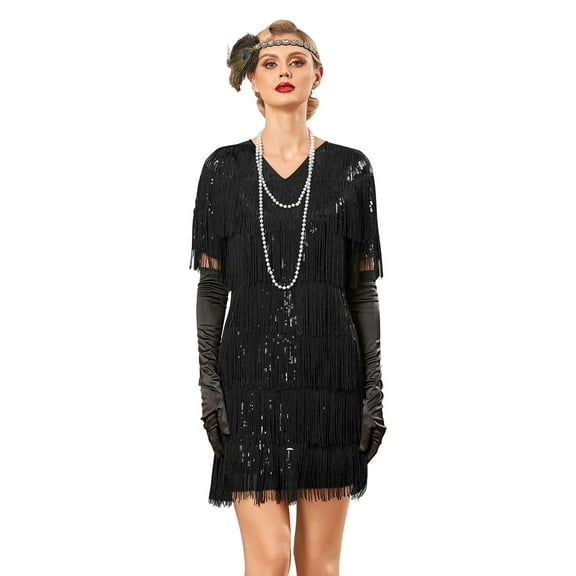 PrettyGuide Women's Flapper Dresses Tiered Long Fringed Sequin 1920s Great Gatsby Cocktail Dress with Sleeves