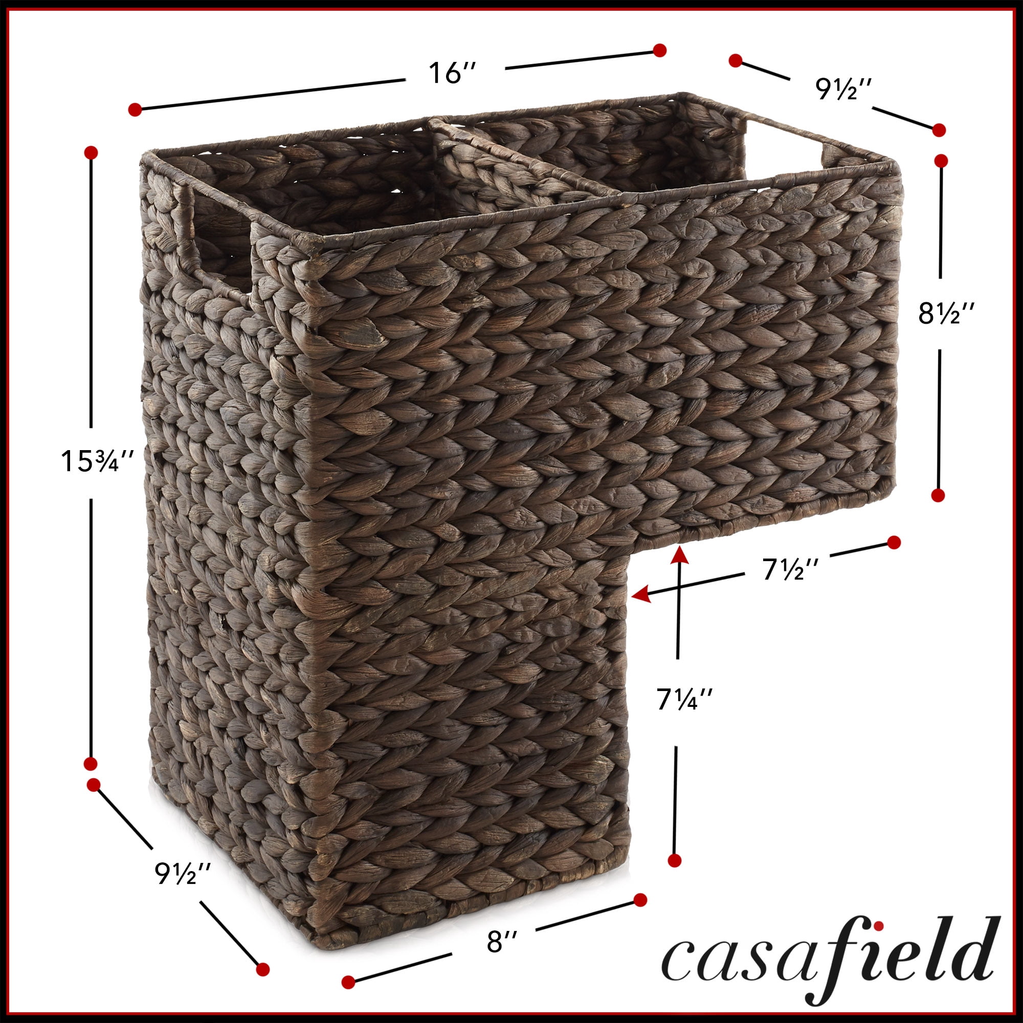 Casafield Stair Basket with Handles, Espresso Dark Brown - Woven Water Hyacinth Staircase Step Organizer Bin