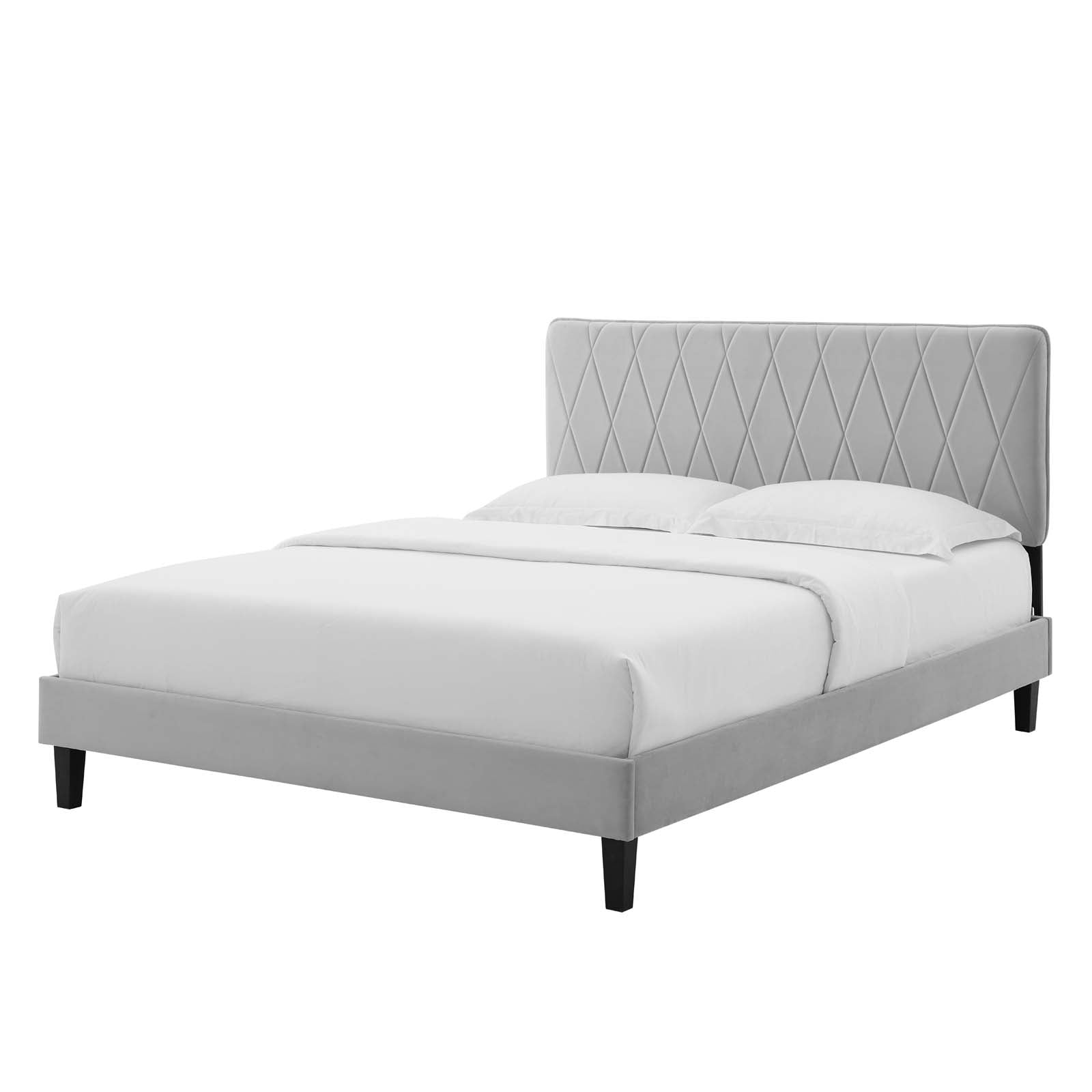 Platform Bed Frame, King Size, Velvet, Light Grey Gray, Modern