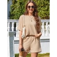 thumbnail image 4 of ValueVibe Lounge Sets for Women 2 Piece Short Sleeve Shorts Outfit Sets Crew Neck Casual Ribbed Pajama Sets with Pockets, Apricot XL, 4 of 8
